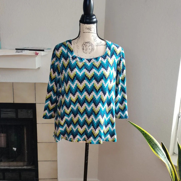 Kim Rogers Two Tops Geometric Print Multicolor 3/4 Sleeve 100% Cotton Tunic 1X - Picture 1 of 10